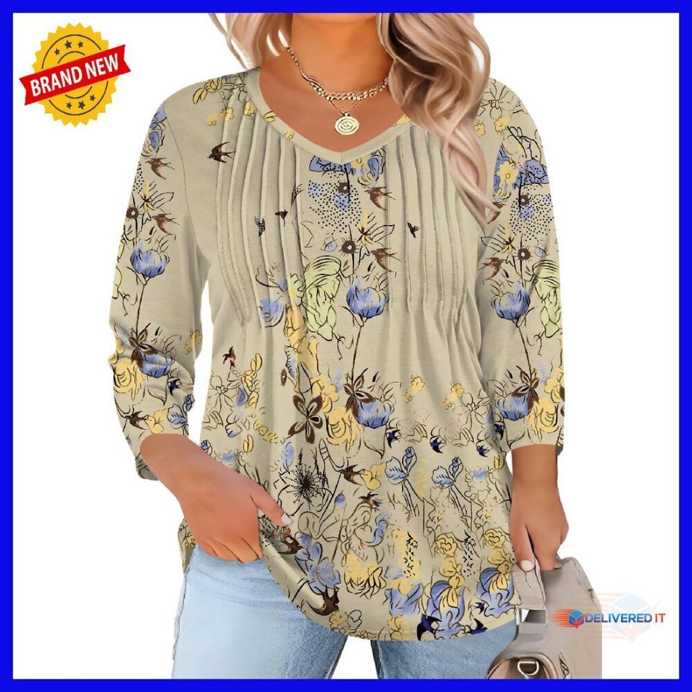 Plus Size 3/4 Sleeve V-Neck Pleated Tunic Top XL-5XL Soft Stretch